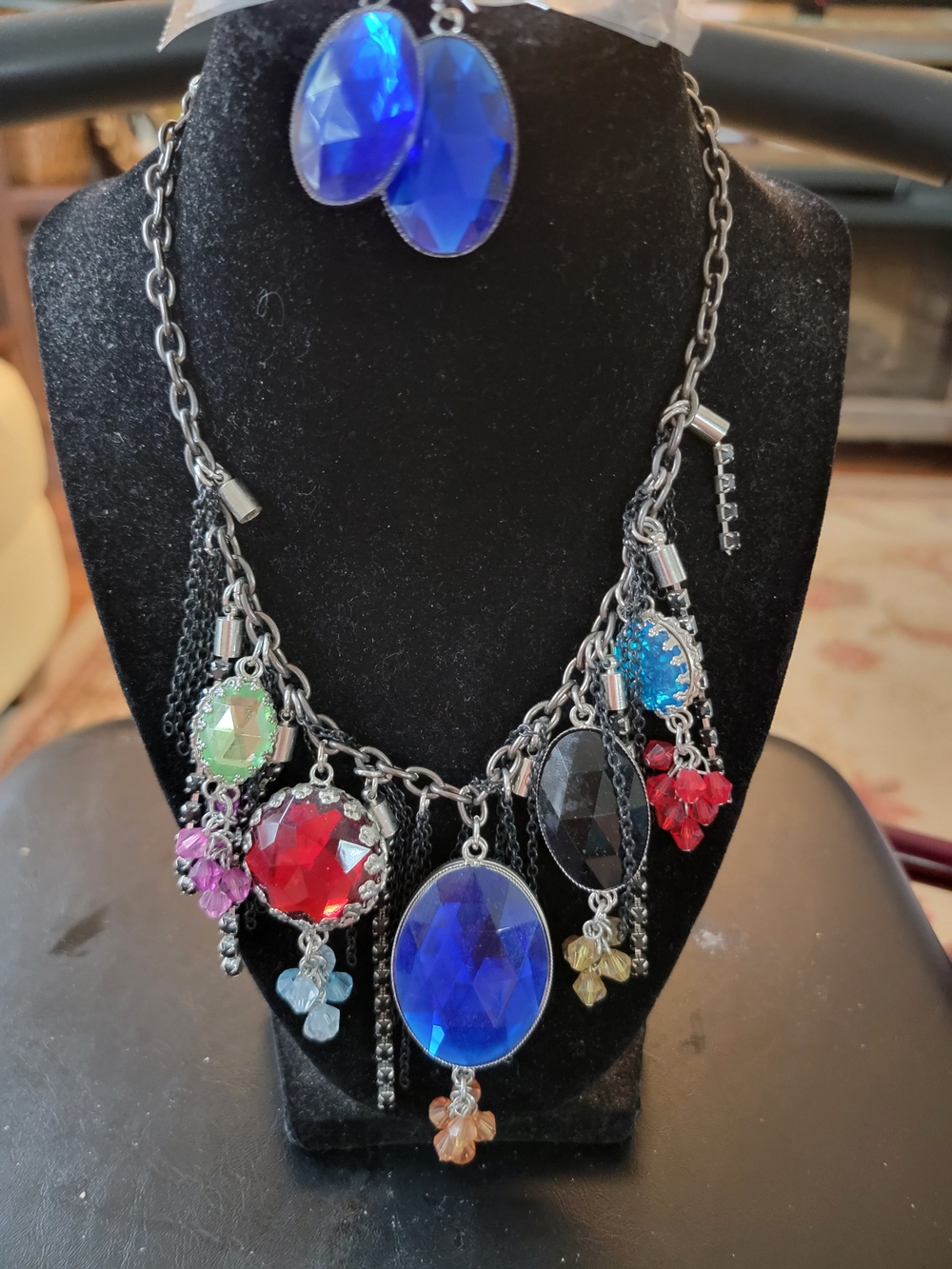Multicolor Crystal Necklace - Bold Faceted Pendant & Matching Earrings